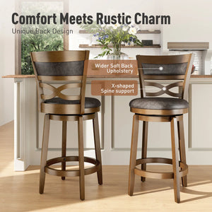 26” Vintage Upholstered Wood Counter Stool With Wide Back And Faux Leather Seat (Set of 2)  Wooden Bazar