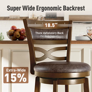 26” Vintage Upholstered Wood Counter Stool With Wide Back And Faux Leather Seat (Set of 2)  Wooden Bazar