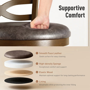 26” Vintage Upholstered Wood Counter Stool With Wide Back And Faux Leather Seat (Set of 2)  Wooden Bazar