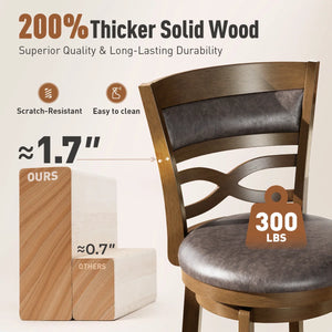 26” Vintage Upholstered Wood Counter Stool With Wide Back And Faux Leather Seat (Set of 2)  Wooden Bazar
