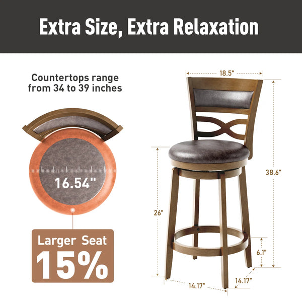 26” Vintage Upholstered Wood Counter Stool With Wide Back And Faux Leather Seat (Set of 2)  Wooden Bazar