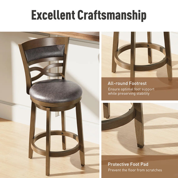 26” Vintage Upholstered Wood Counter Stool With Wide Back And Faux Leather Seat (Set of 2)  Wooden Bazar