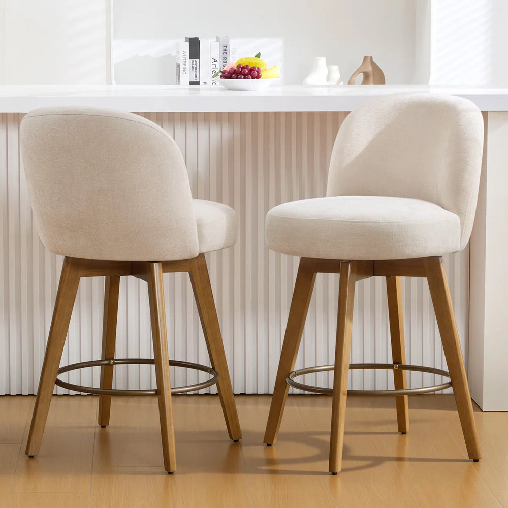26" Swivel Upholstered Counter Stool with Solid Wood Frame and Mid Back (Set of 2)  Wooden Bazar