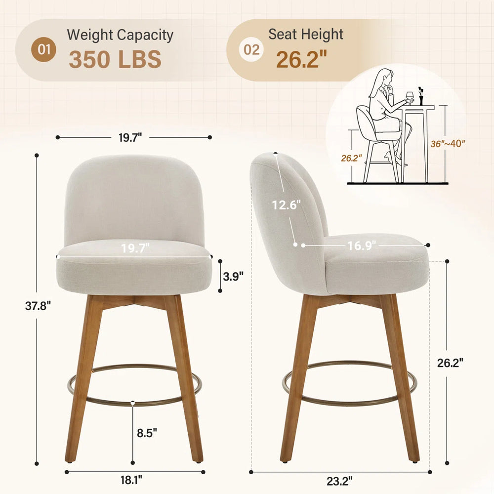 26" Swivel Upholstered Counter Stool with Solid Wood Frame and Mid Back (Set of 2)  Wooden Bazar