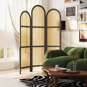 **3-Panel Pine Wood & Natural Cane Folding Room Divider – Japanese-Inspired**  Wooden Bazar