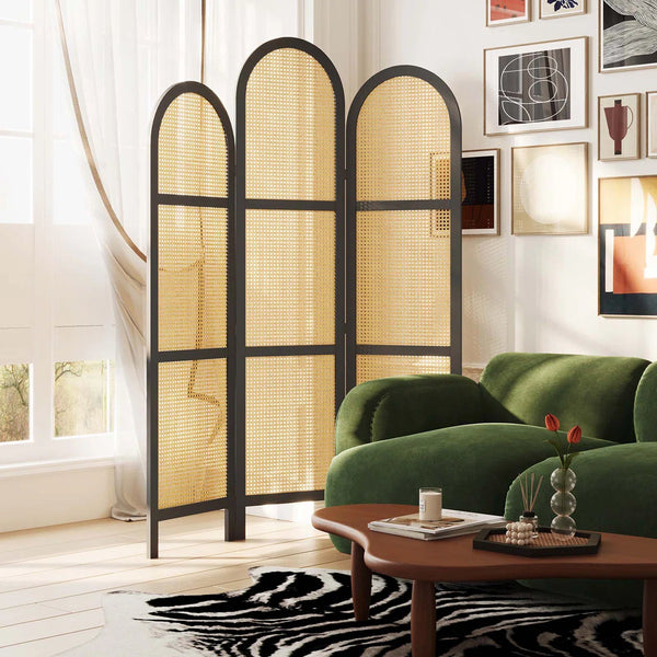 **3-Panel Pine Wood & Natural Cane Folding Room Divider – Japanese-Inspired**  Wooden Bazar
