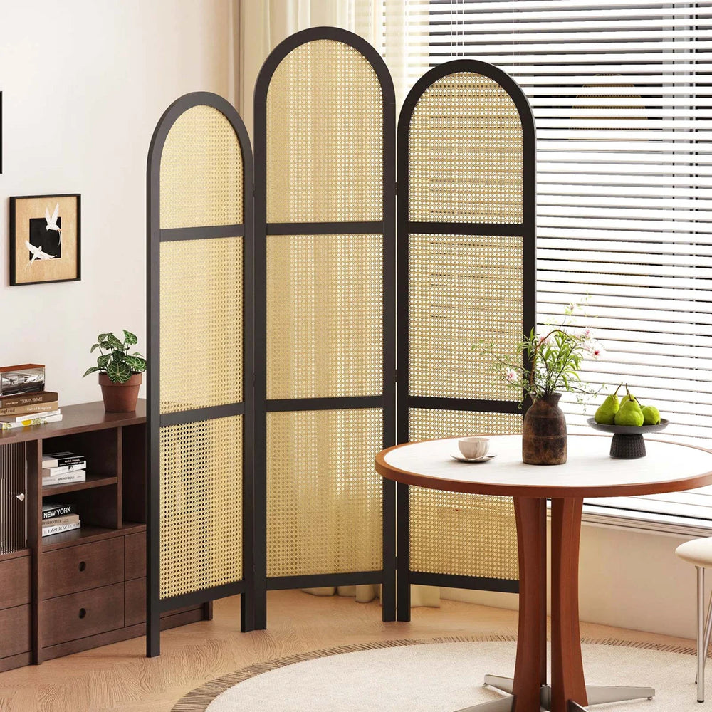 **3-Panel Pine Wood & Natural Cane Folding Room Divider – Japanese-Inspired**  Wooden Bazar
