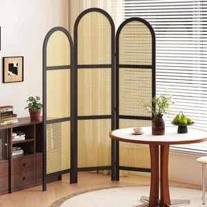 **3-Panel Pine Wood & Natural Cane Folding Room Divider – Japanese-Inspired**  Wooden Bazar