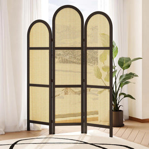 **3-Panel Pine Wood & Natural Cane Folding Room Divider – Japanese-Inspired**  Wooden Bazar