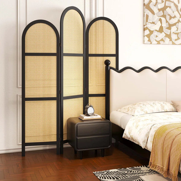 **3-Panel Pine Wood & Natural Cane Folding Room Divider – Japanese-Inspired**  Wooden Bazar