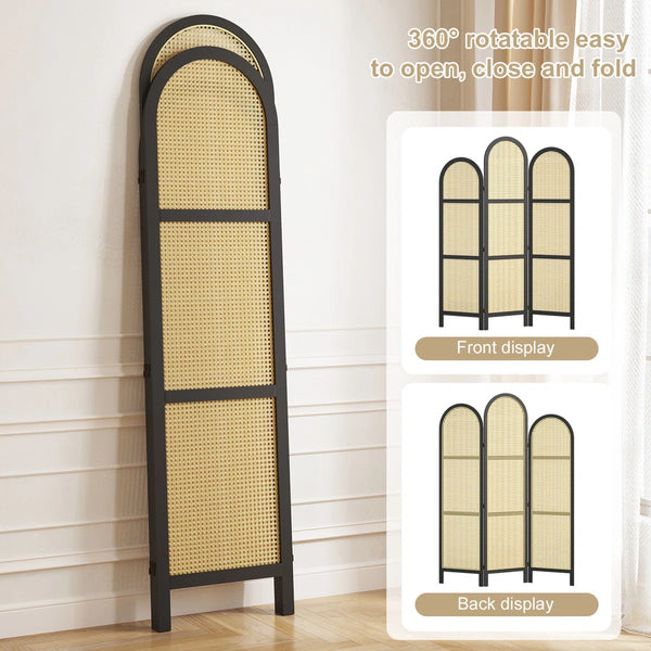**3-Panel Pine Wood & Natural Cane Folding Room Divider – Japanese-Inspired**  Wooden Bazar