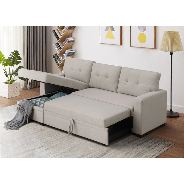 3-Piece Pull-Out Sofa Bed With Reversible Storage Chaise  Wooden bazar