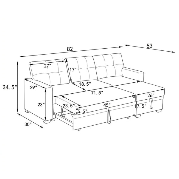 3-Piece Pull-Out Sofa Bed With Reversible Storage Chaise  Wooden bazar