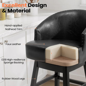 30" Swivel Faux Leather Upholstered Bar Stool with Solid Wood Legs (Set of 2)  Wooden Bazar