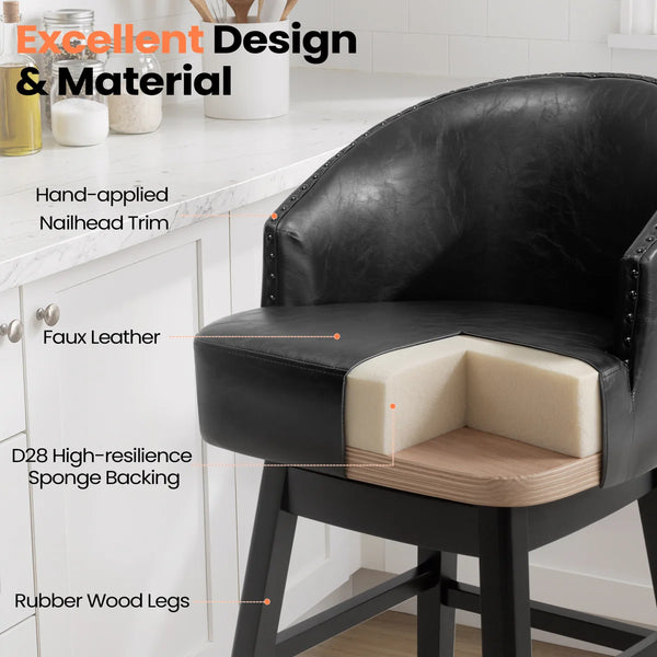 30" Swivel Faux Leather Upholstered Bar Stool with Solid Wood Legs (Set of 2)  Wooden Bazar