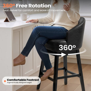 30" Swivel Faux Leather Upholstered Bar Stool with Solid Wood Legs (Set of 2)  Wooden Bazar