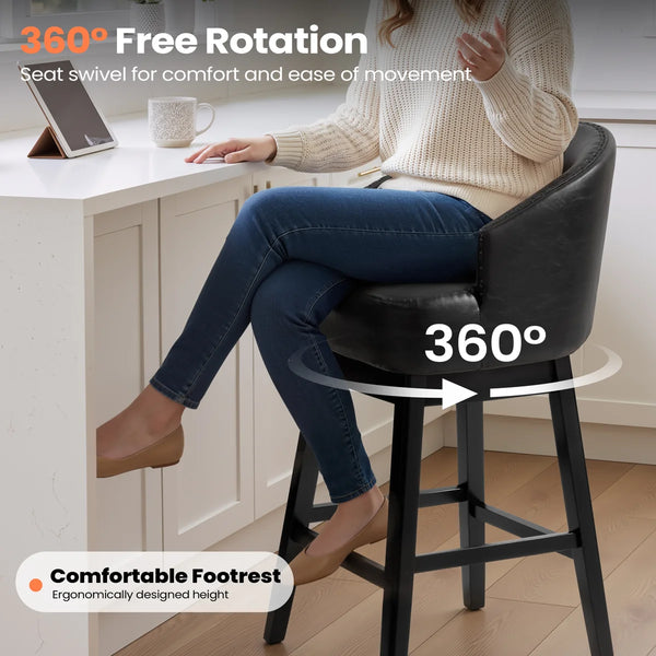30" Swivel Faux Leather Upholstered Bar Stool with Solid Wood Legs (Set of 2)  Wooden Bazar