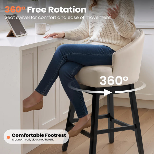 30" Swivel Faux Leather Upholstered Bar Stool with Solid Wood Legs (Set of 2)  Wooden Bazar