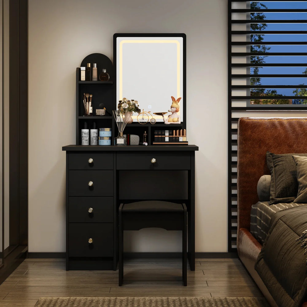 31.5" W Makeup Vanity Set with 3-Color LED Lighted Mirror and 5 Storage Drawers  Wooden Bazar