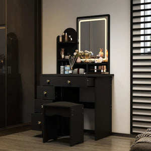 31.5" W Makeup Vanity Set with 3-Color LED Lighted Mirror and 5 Storage Drawers  Wooden Bazar