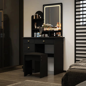 31.5" W Makeup Vanity Set with 3-Color LED Lighted Mirror and 5 Storage Drawers  Wooden Bazar