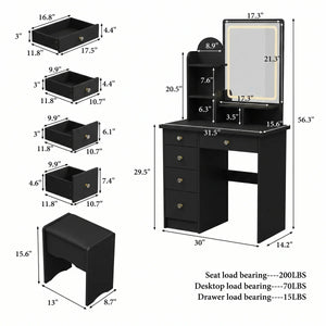 31.5" W Makeup Vanity Set with 3-Color LED Lighted Mirror and 5 Storage Drawers  Wooden Bazar