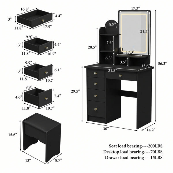 31.5" W Makeup Vanity Set with 3-Color LED Lighted Mirror and 5 Storage Drawers  Wooden Bazar