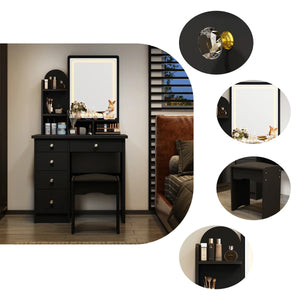 31.5" W Makeup Vanity Set with 3-Color LED Lighted Mirror and 5 Storage Drawers  Wooden Bazar