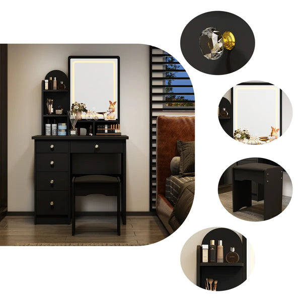 31.5" W Makeup Vanity Set with 3-Color LED Lighted Mirror and 5 Storage Drawers  Wooden Bazar