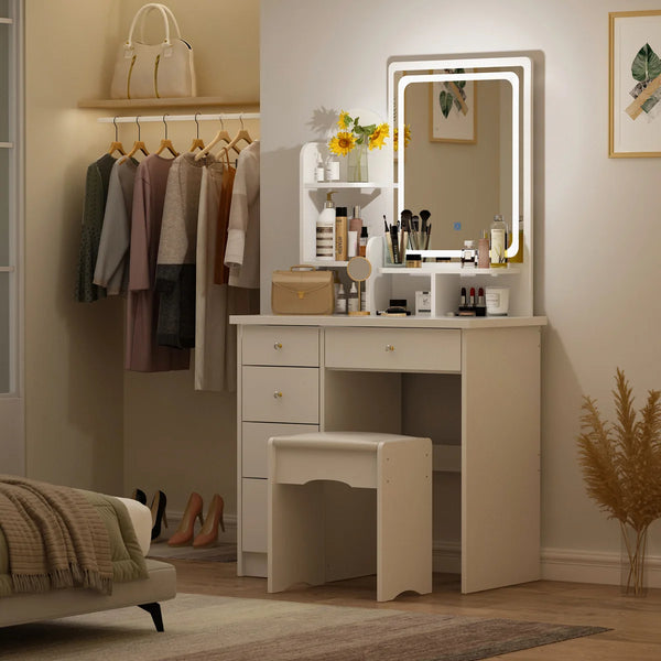 31.5" W Makeup Vanity Set with 3-Color LED Lighted Mirror and 5 Storage Drawers  Wooden Bazar