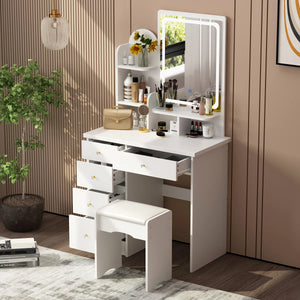 31.5" W Makeup Vanity Set with 3-Color LED Lighted Mirror and 5 Storage Drawers  Wooden Bazar
