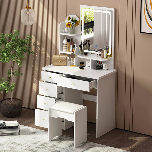 31.5" W Makeup Vanity Set with 3-Color LED Lighted Mirror and 5 Storage Drawers  Wooden Bazar
