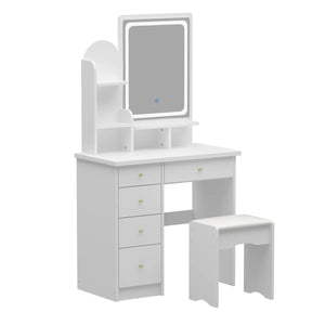 31.5" W Makeup Vanity Set with 3-Color LED Lighted Mirror and 5 Storage Drawers  Wooden Bazar