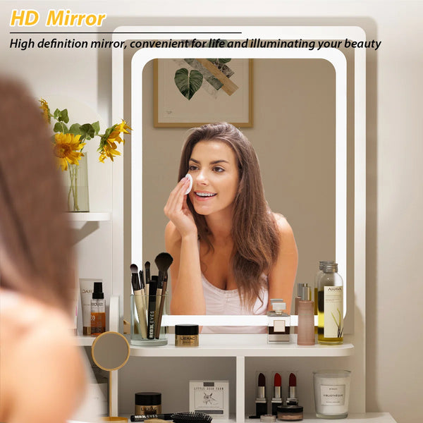 31.5" W Makeup Vanity Set with 3-Color LED Lighted Mirror and 5 Storage Drawers  Wooden Bazar