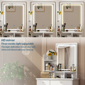 31.5" W Makeup Vanity Set with 3-Color LED Lighted Mirror and 5 Storage Drawers  Wooden Bazar