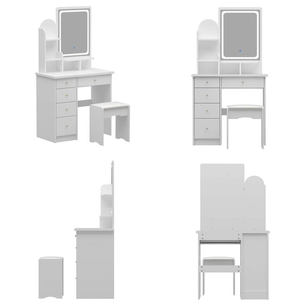 31.5" W Makeup Vanity Set with 3-Color LED Lighted Mirror and 5 Storage Drawers  Wooden Bazar