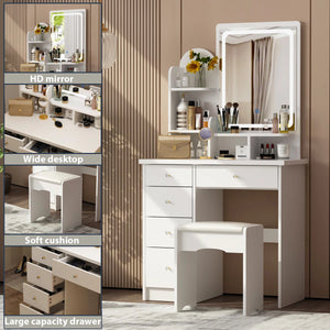 31.5" W Makeup Vanity Set with 3-Color LED Lighted Mirror and 5 Storage Drawers  Wooden Bazar
