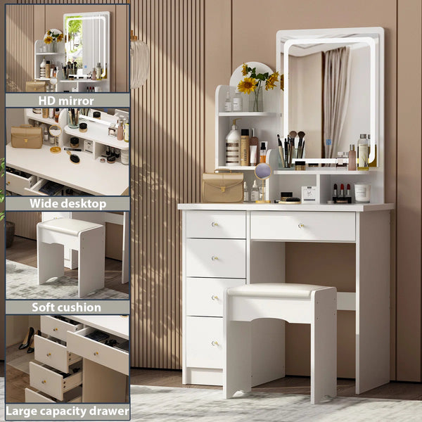 31.5" W Makeup Vanity Set with 3-Color LED Lighted Mirror and 5 Storage Drawers  Wooden Bazar