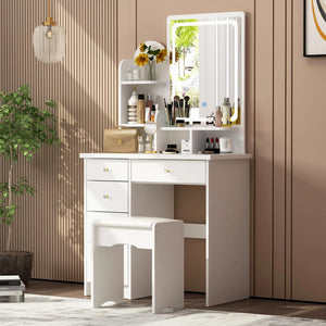 31.5" W Makeup Vanity Set with 3-Color LED Lighted Mirror and 5 Storage Drawers  Wooden Bazar