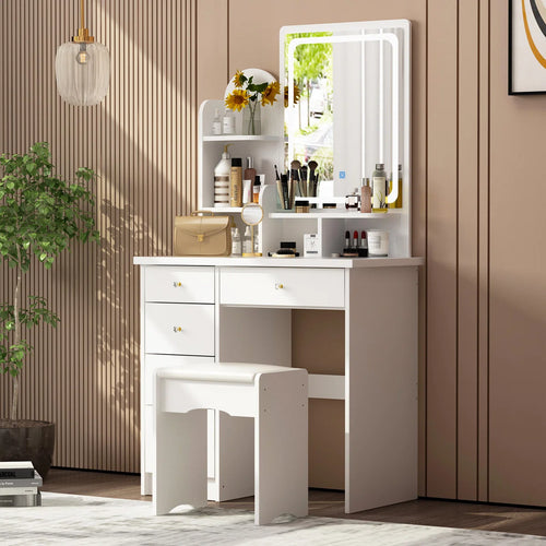 31.5" W Makeup Vanity Set with 3-Color LED Lighted Mirror and 5 Storage Drawers  Wooden Bazar