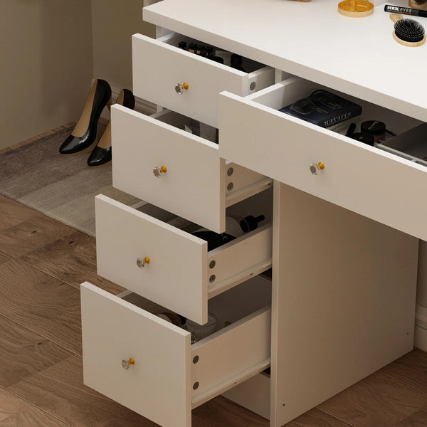 31.5" W Makeup Vanity Set with 3-Color LED Lighted Mirror and 5 Storage Drawers  Wooden Bazar