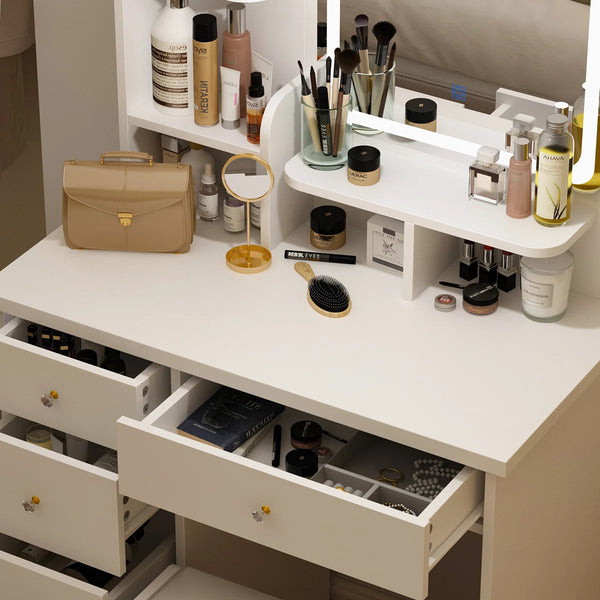 31.5" W Makeup Vanity Set with 3-Color LED Lighted Mirror and 5 Storage Drawers  Wooden Bazar