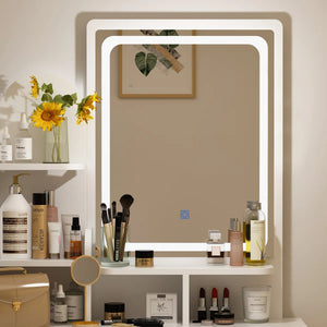 31.5" W Makeup Vanity Set with 3-Color LED Lighted Mirror and 5 Storage Drawers  Wooden Bazar
