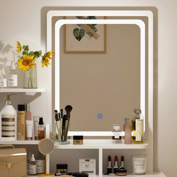 31.5" W Makeup Vanity Set with 3-Color LED Lighted Mirror and 5 Storage Drawers  Wooden Bazar
