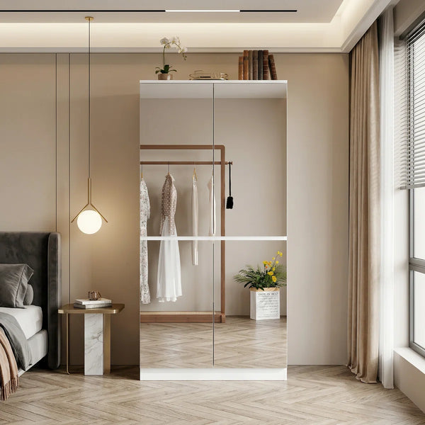 Freestanding Mirrored Wardrobe with Hanging Rod & Adjustable Shelves  Wooden Bazar