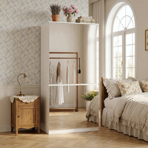 Freestanding Mirrored Wardrobe with Hanging Rod & Adjustable Shelves  Wooden Bazar