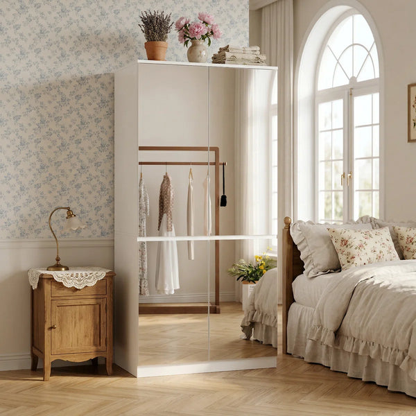 Freestanding Mirrored Wardrobe with Hanging Rod & Adjustable Shelves  Wooden Bazar