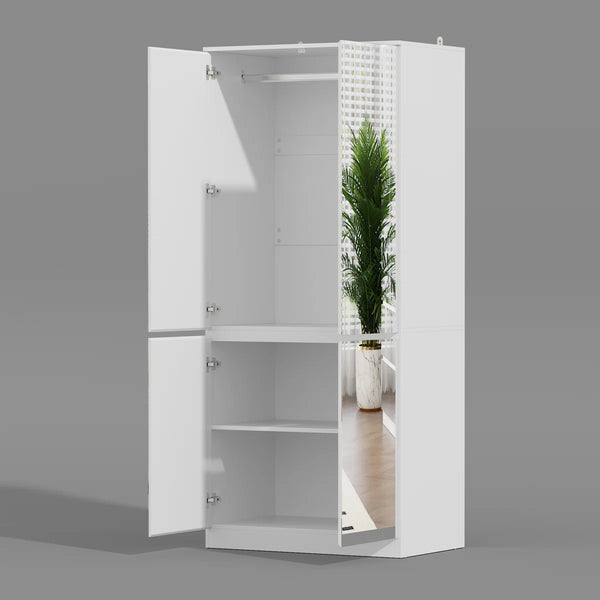 Freestanding Mirrored Wardrobe with Hanging Rod & Adjustable Shelves  Wooden Bazar