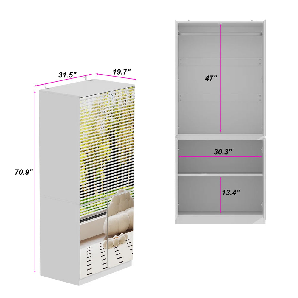 Freestanding Mirrored Wardrobe with Hanging Rod & Adjustable Shelves  Wooden Bazar