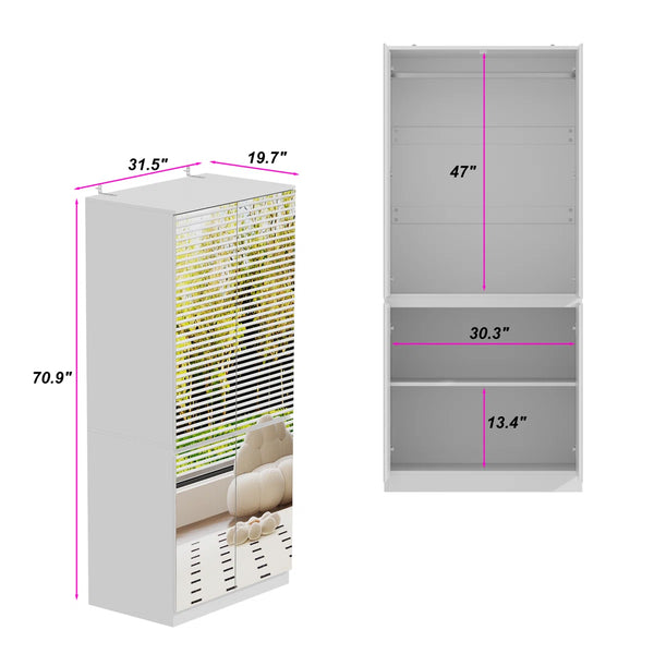 Freestanding Mirrored Wardrobe with Hanging Rod & Adjustable Shelves  Wooden Bazar